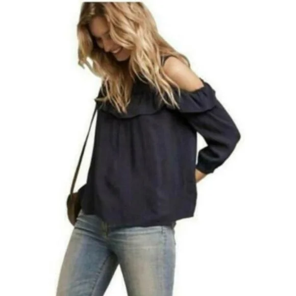 Anthro MAEVE RUFFLE COLD SHOULDER CUT OUT LIGHTWEIGHT BLACK DRESSY BLOUSE SIZE 2 - Picture 5 of 15